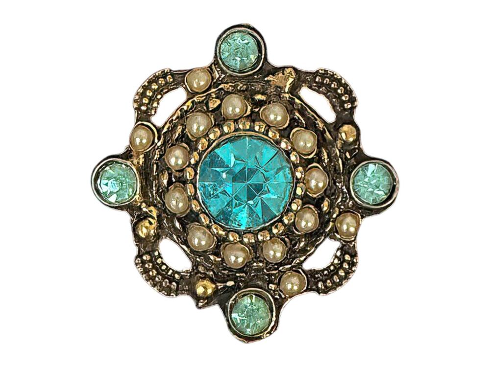 Vintage Coro Aqua Blue Rhinestone Faux Pearl Gold Tone Brooch Pin
